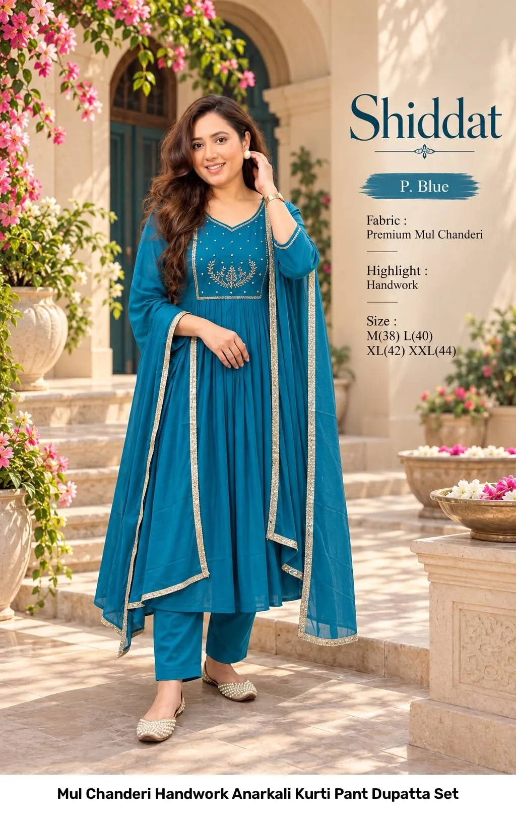 Mul Chanderi Handwork Anarkali Kurti Pant Dupatta Set 14