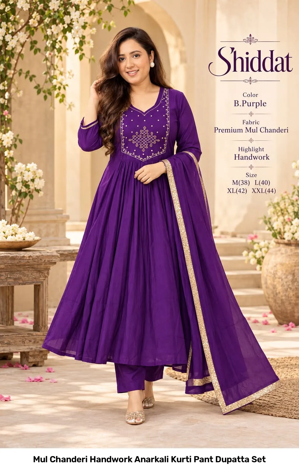 Mul Chanderi Handwork Anarkali Kurti Pant Dupatta Set 15