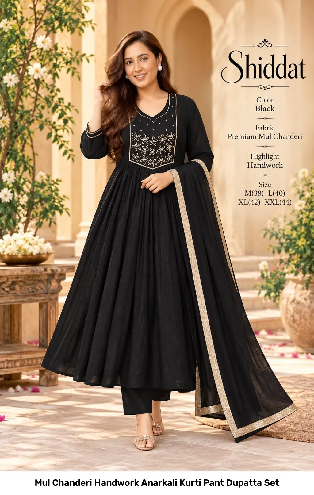 Mul Chanderi Handwork Anarkali Kurti Pant Dupatta Set 2