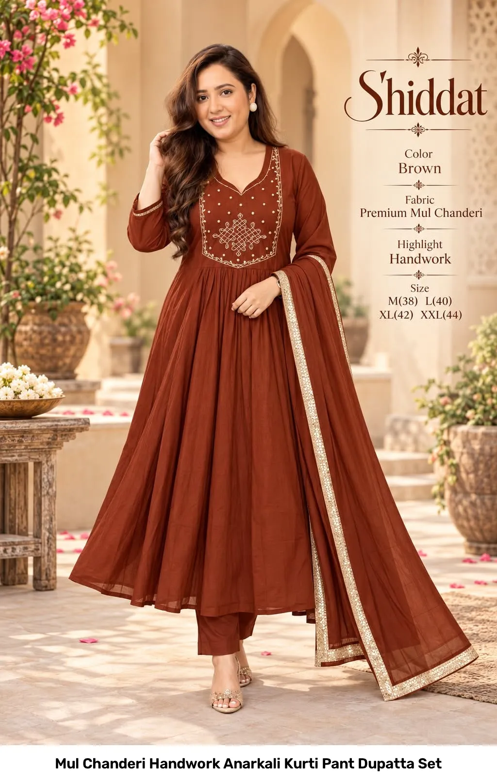 Mul Chanderi Handwork Anarkali Kurti Pant Dupatta Set 3
