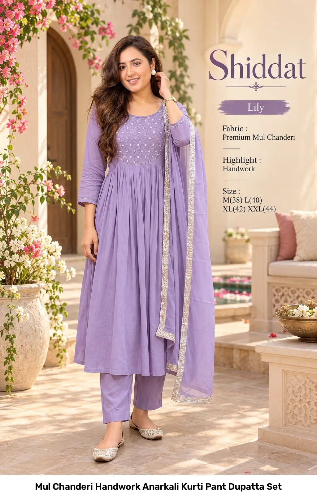 Mul Chanderi Handwork Anarkali Kurti Pant Dupatta Set 4