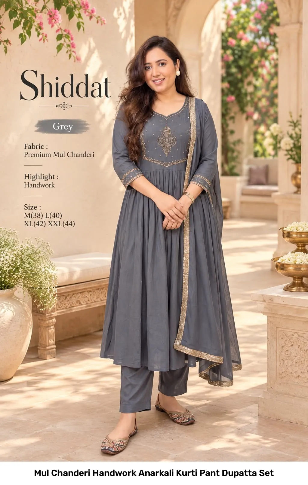 Mul Chanderi Handwork Anarkali Kurti Pant Dupatta Set 5
