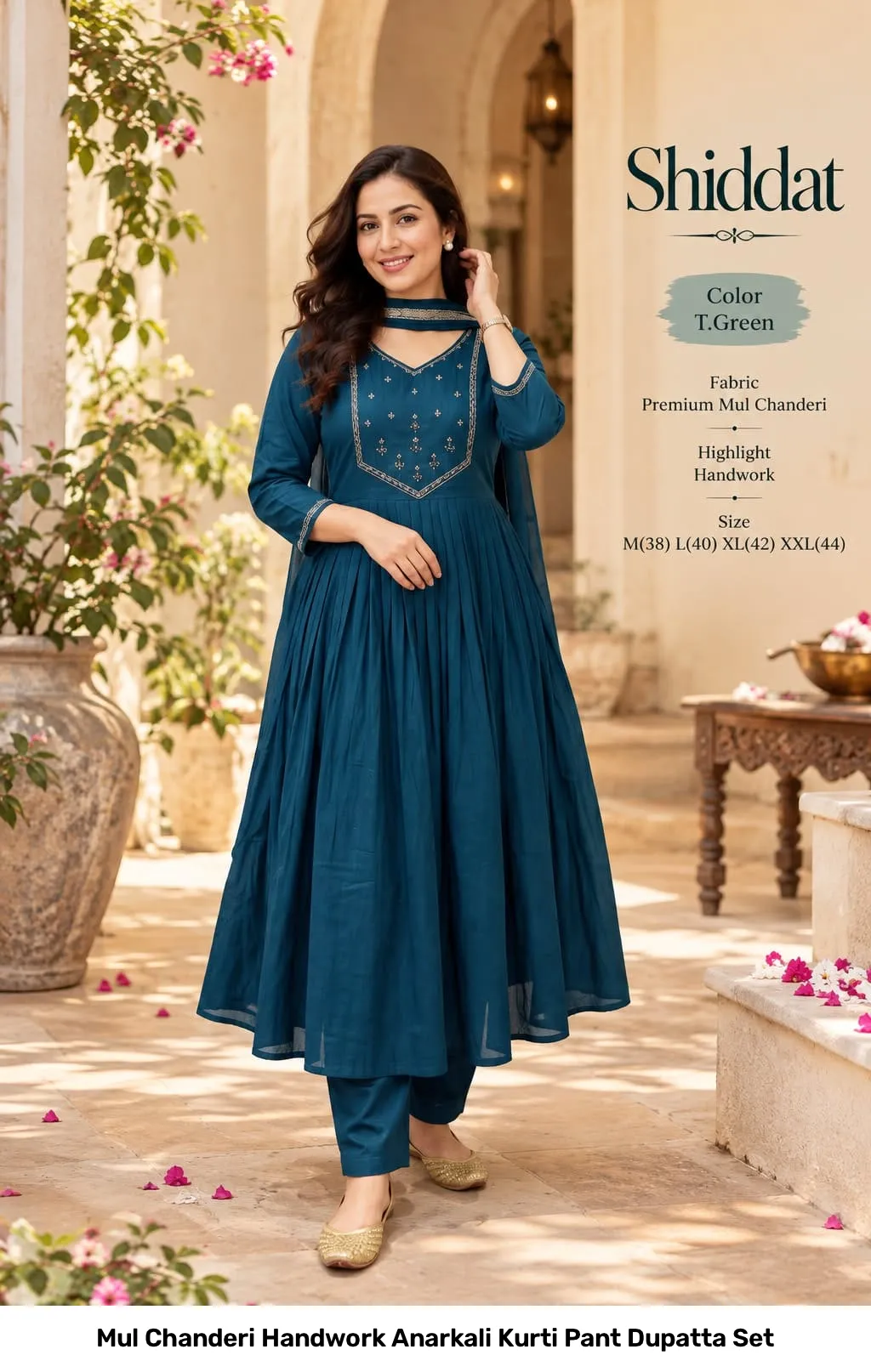 Mul Chanderi Handwork Anarkali Kurti Pant Dupatta Set 6