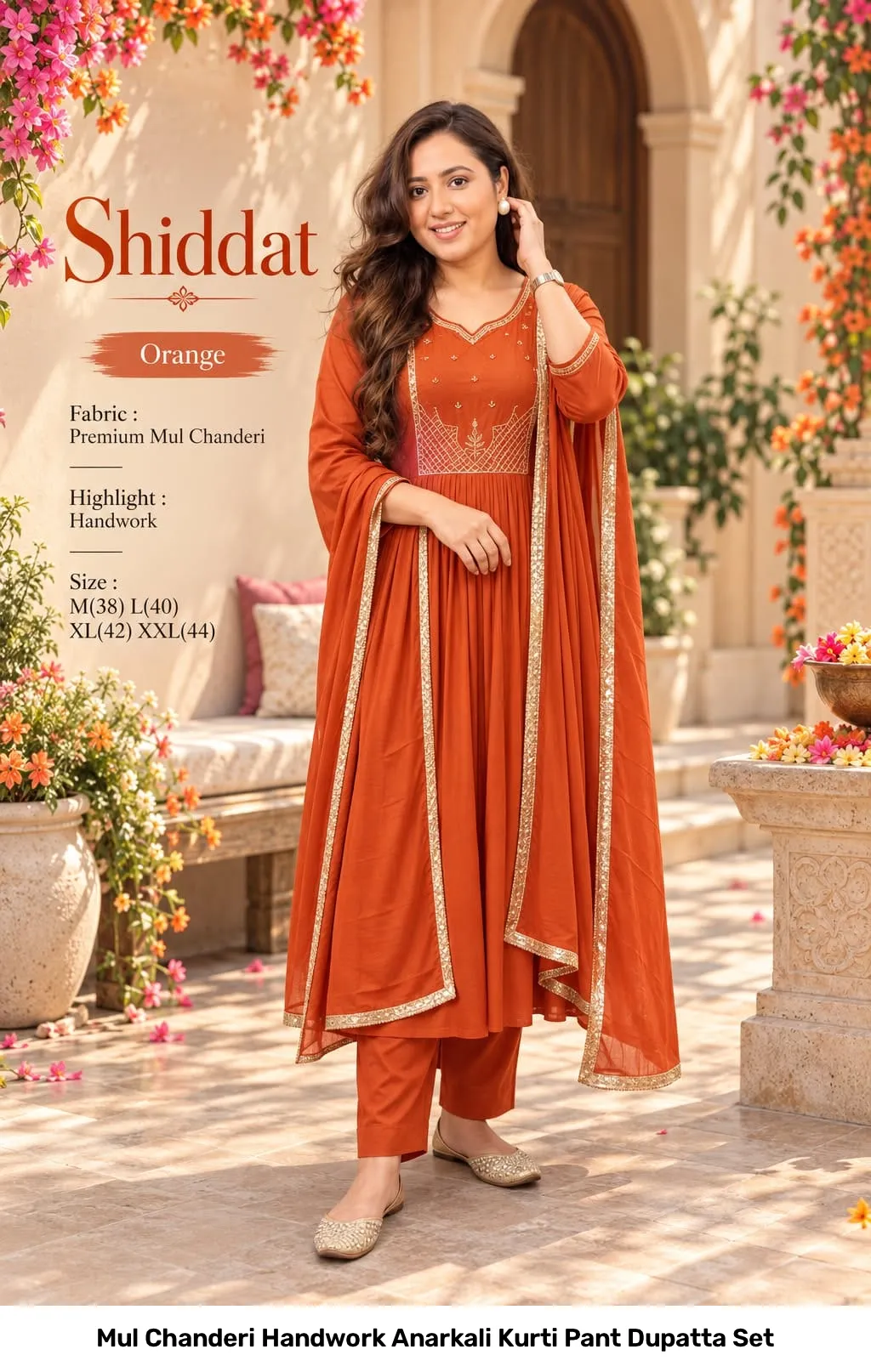 Mul Chanderi Handwork Anarkali Kurti Pant Dupatta Set 7