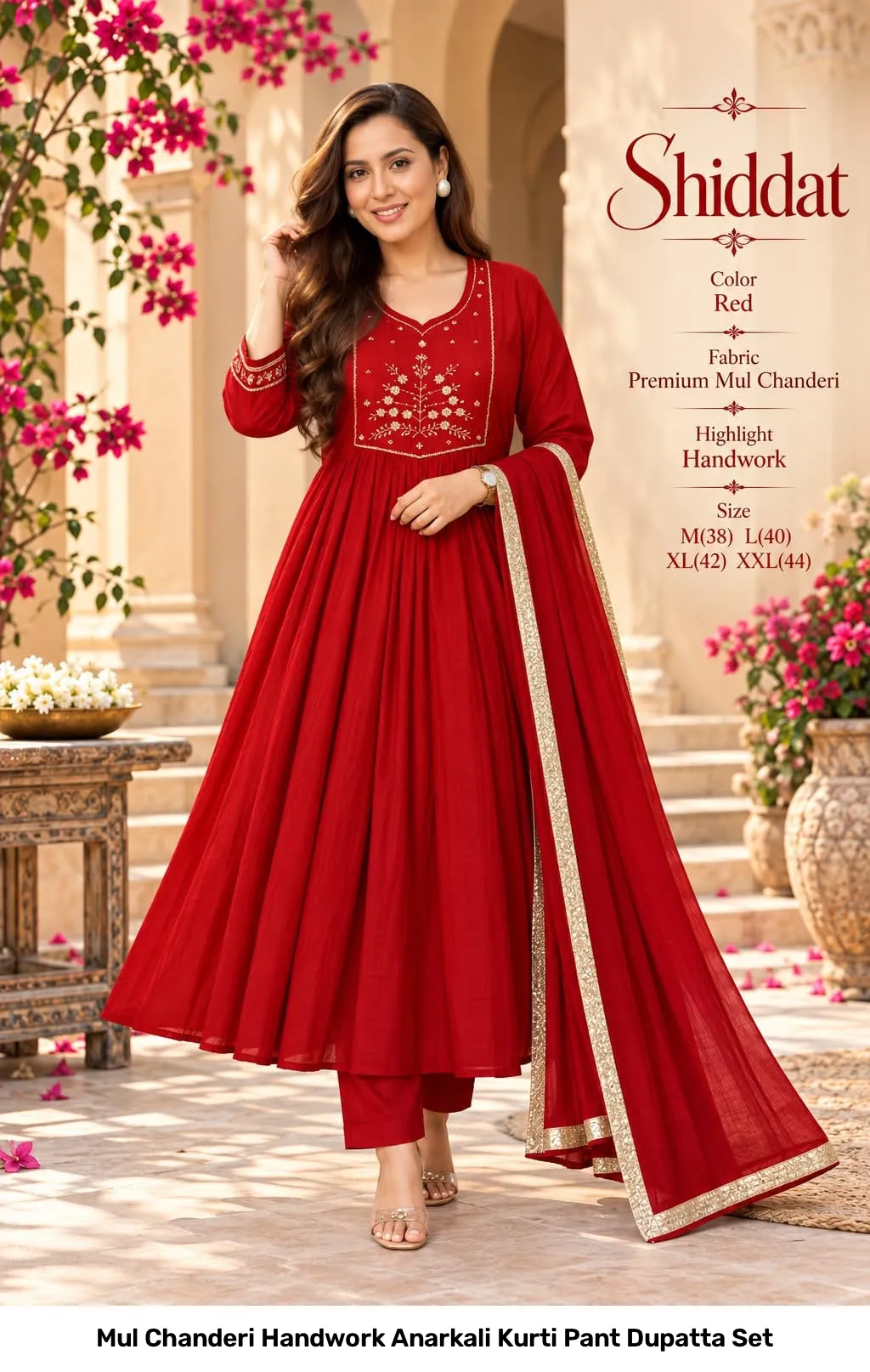 Mul Chanderi Handwork Anarkali Kurti Pant Dupatta Set 8