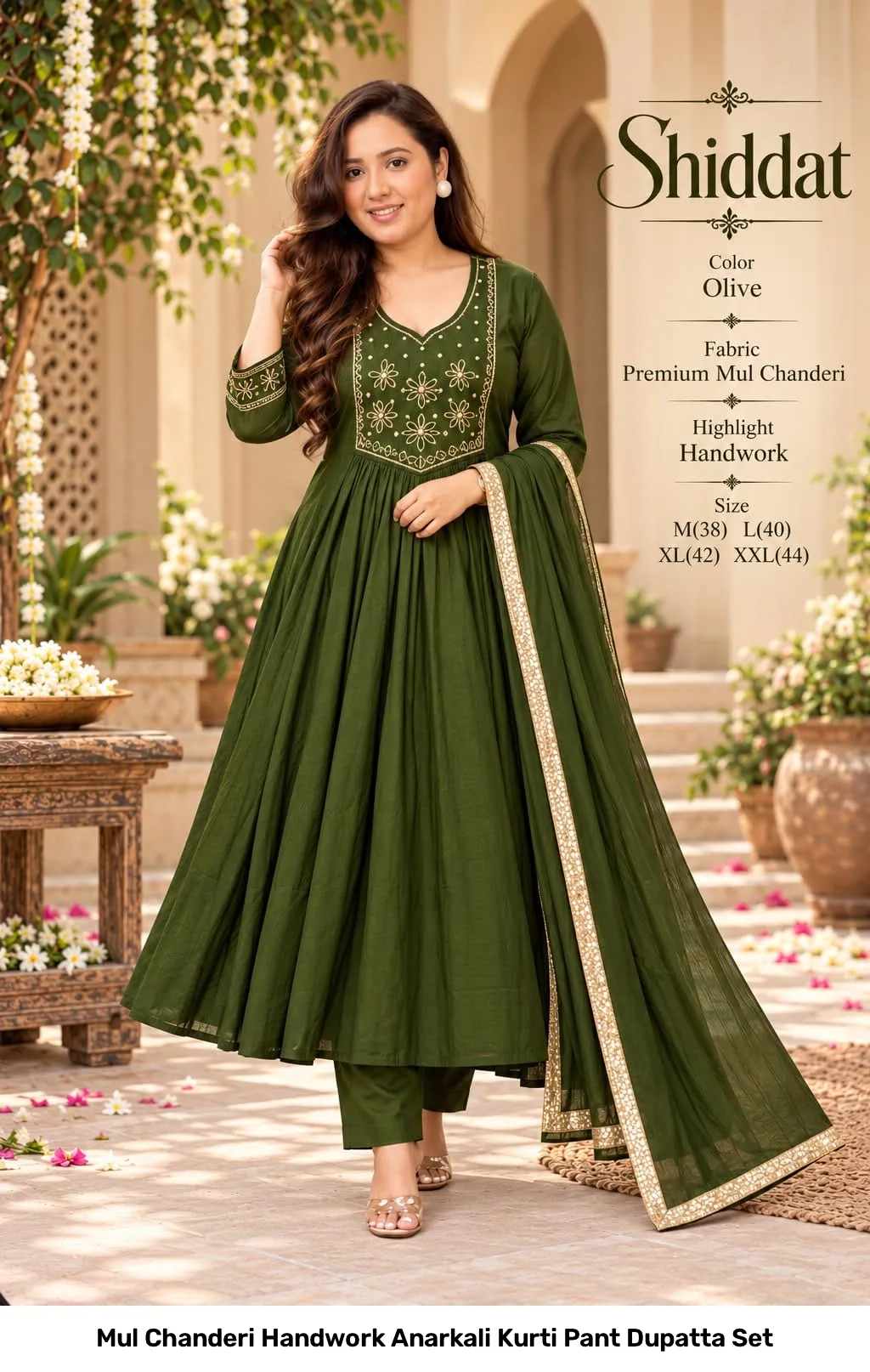 Mul Chanderi Handwork Anarkali Kurti Pant Dupatta Set 9