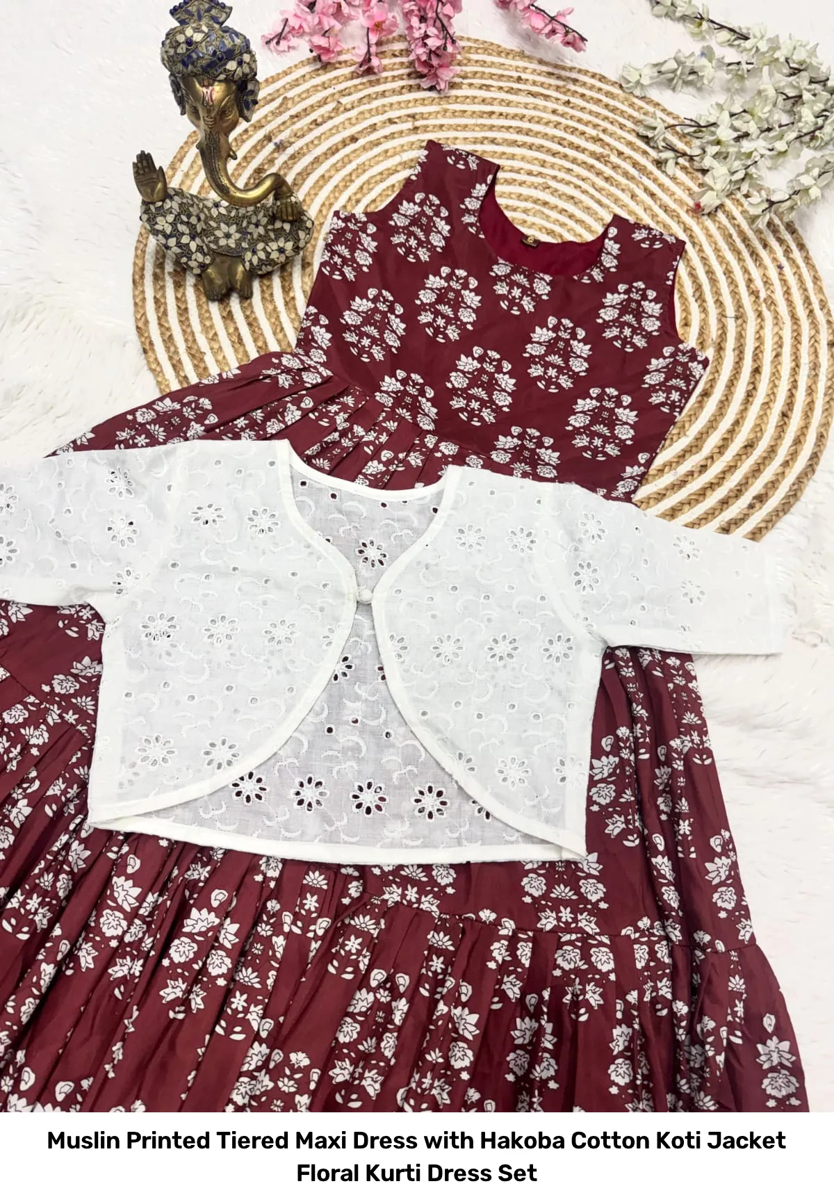 Muslin Printed Tiered Maxi Dress with Hakoba Cotton Koti Jacket – Floral Kurti Dress Set 10