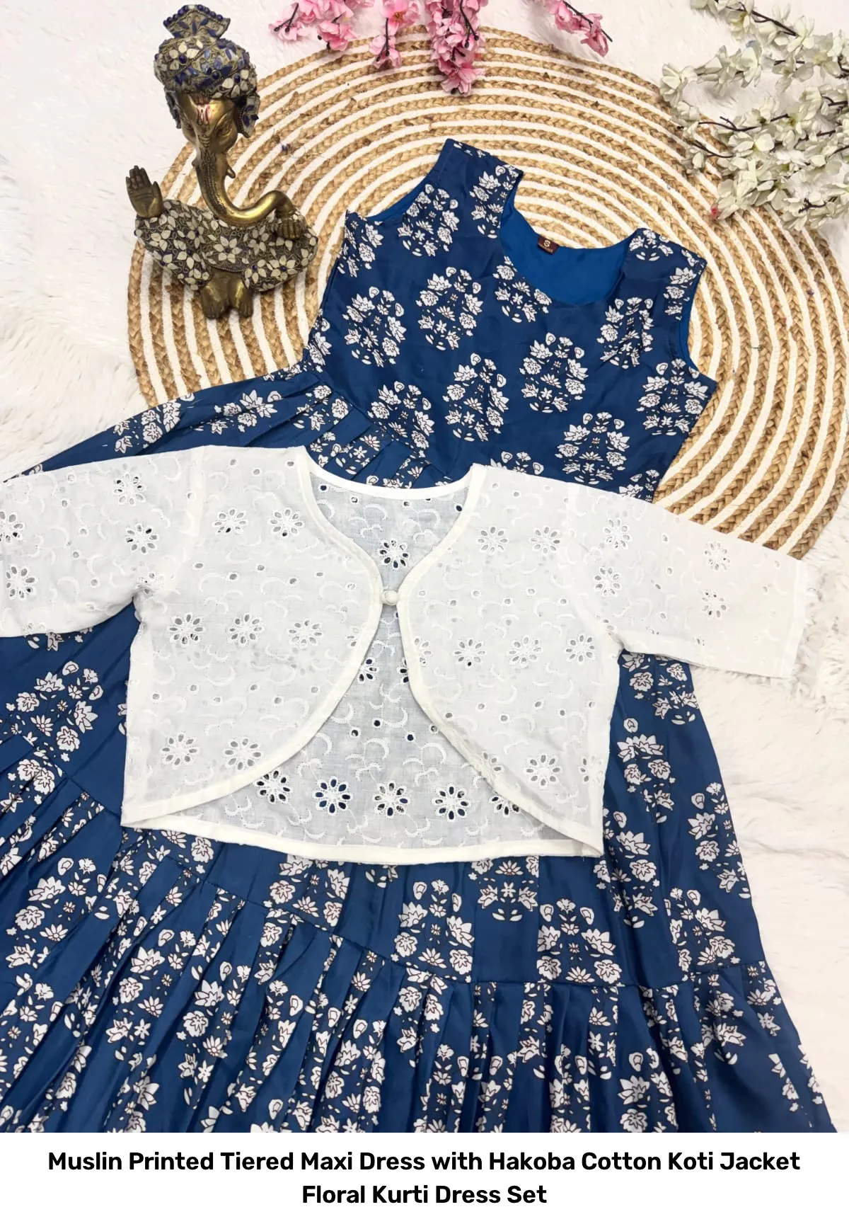 Muslin Printed Tiered Maxi Dress with Hakoba Cotton Koti Jacket – Floral Kurti Dress Set 2