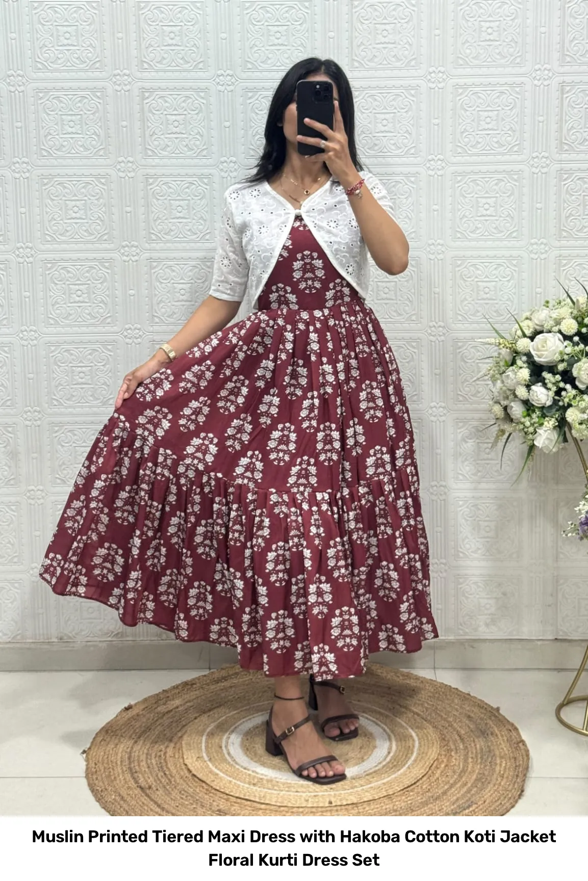 Muslin Printed Tiered Maxi Dress with Hakoba Cotton Koti Jacket – Floral Kurti Dress Set 3