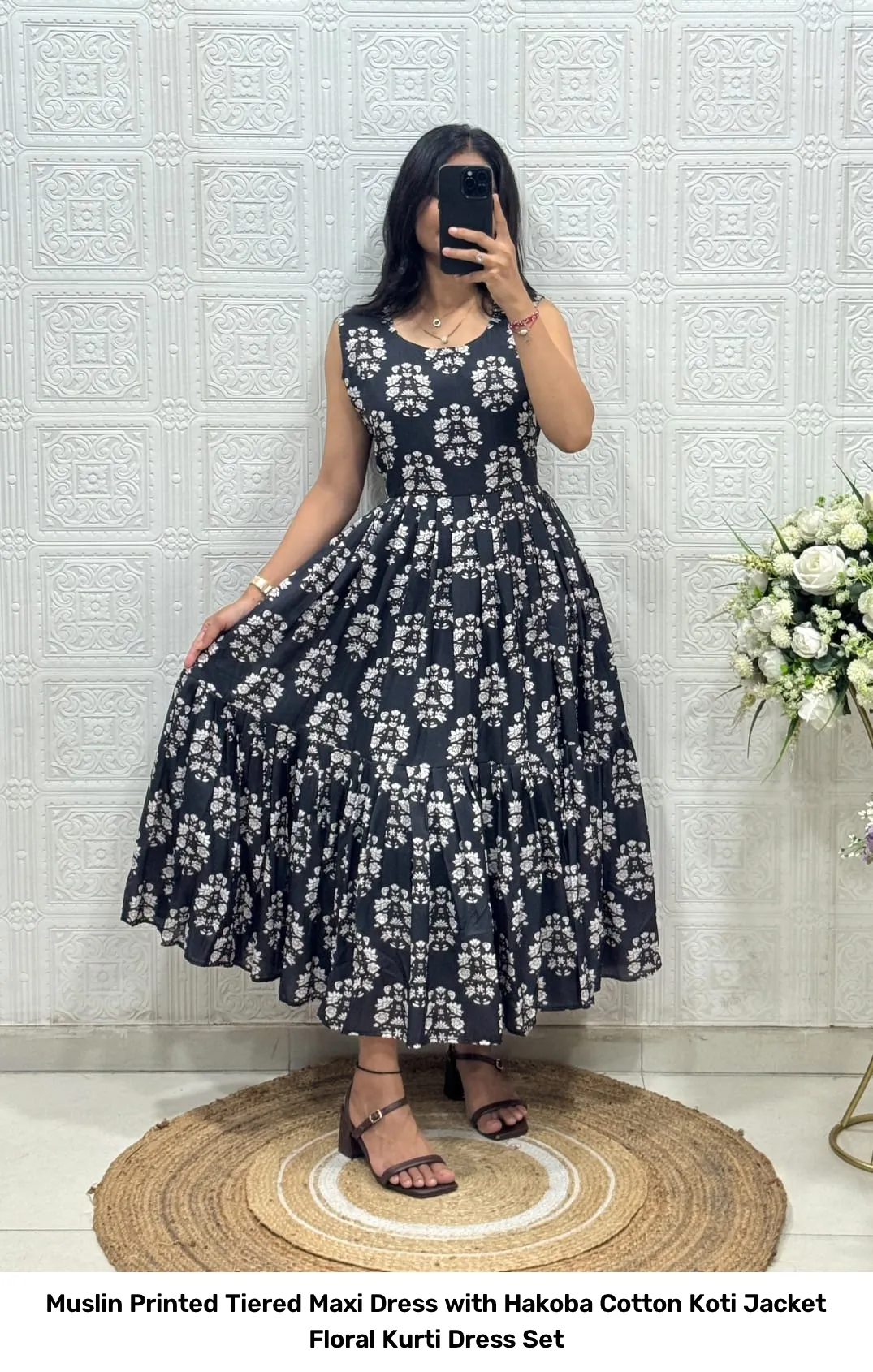 Muslin Printed Tiered Maxi Dress with Hakoba Cotton Koti Jacket – Floral Kurti Dress Set 4