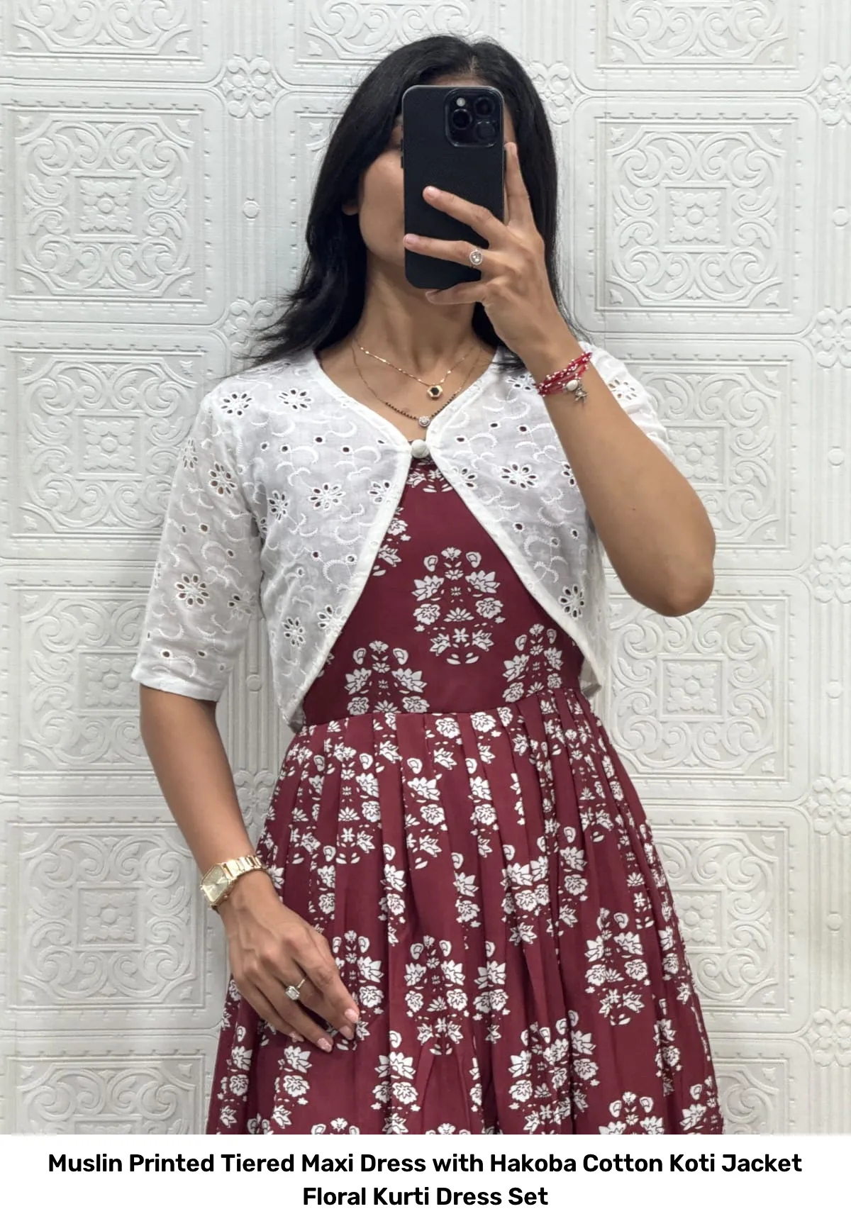 Muslin Printed Tiered Maxi Dress with Hakoba Cotton Koti Jacket – Floral Kurti Dress Set 5