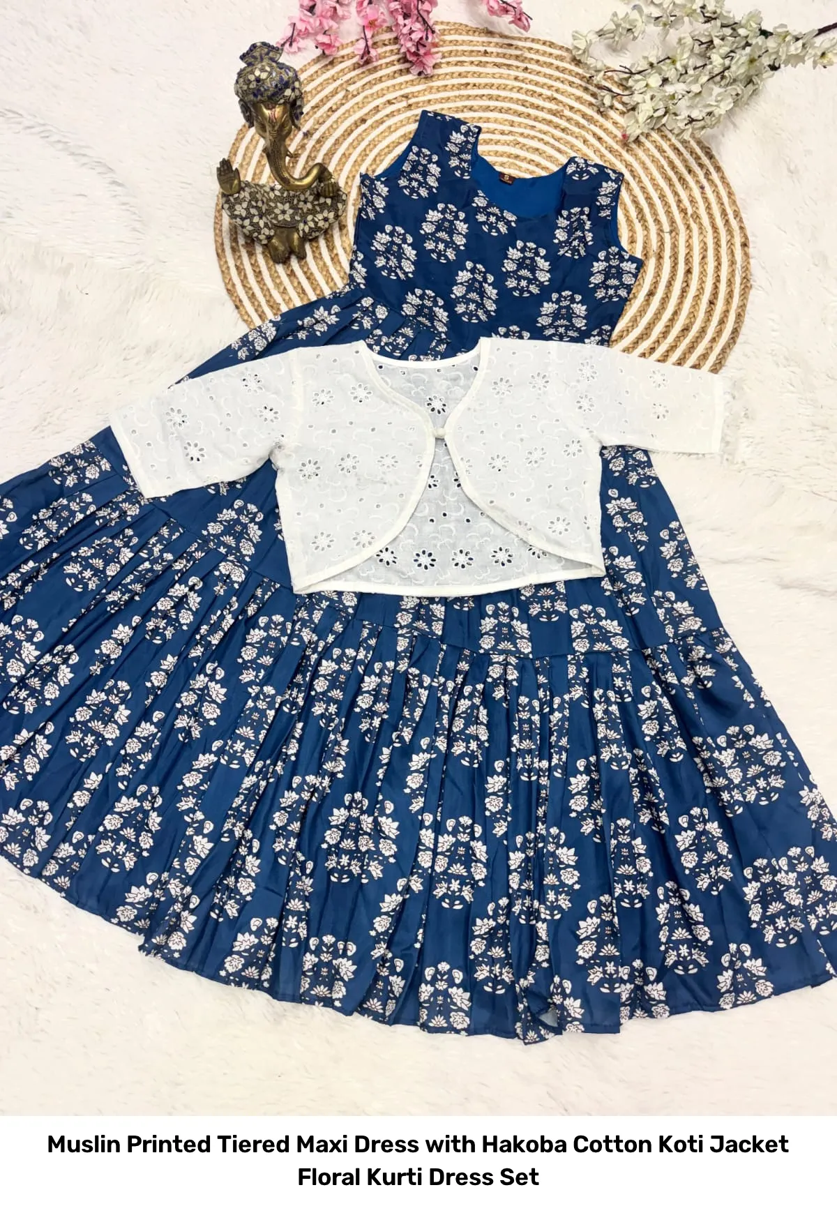 Muslin Printed Tiered Maxi Dress with Hakoba Cotton Koti Jacket – Floral Kurti Dress Set 6
