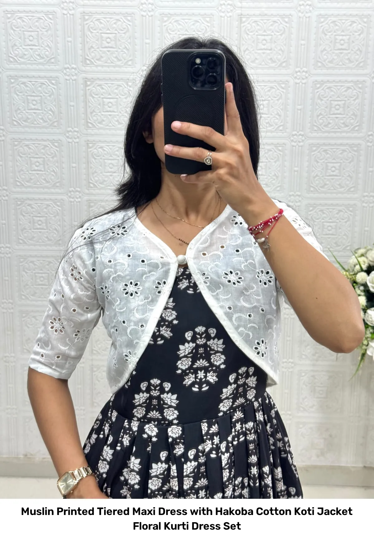 Muslin Printed Tiered Maxi Dress with Hakoba Cotton Koti Jacket – Floral Kurti Dress Set 7