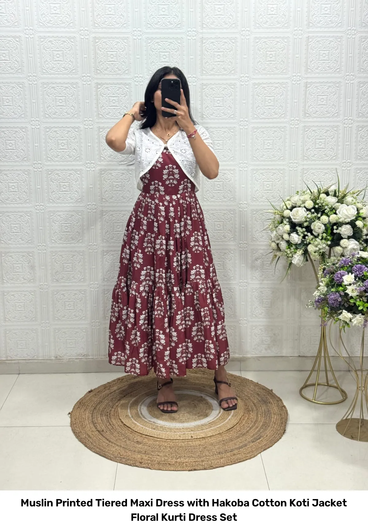 Muslin Printed Tiered Maxi Dress with Hakoba Cotton Koti Jacket – Floral Kurti Dress Set 8