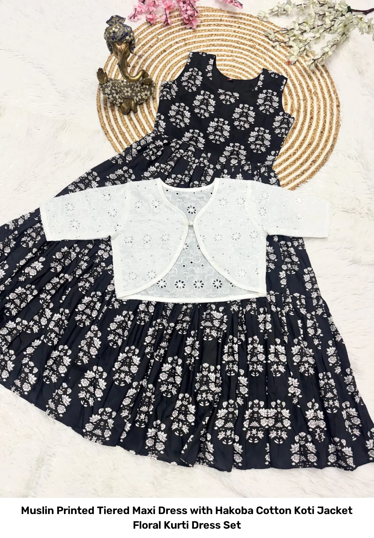 Muslin Printed Tiered Maxi Dress with Hakoba Cotton Koti Jacket – Floral Kurti Dress Set 9