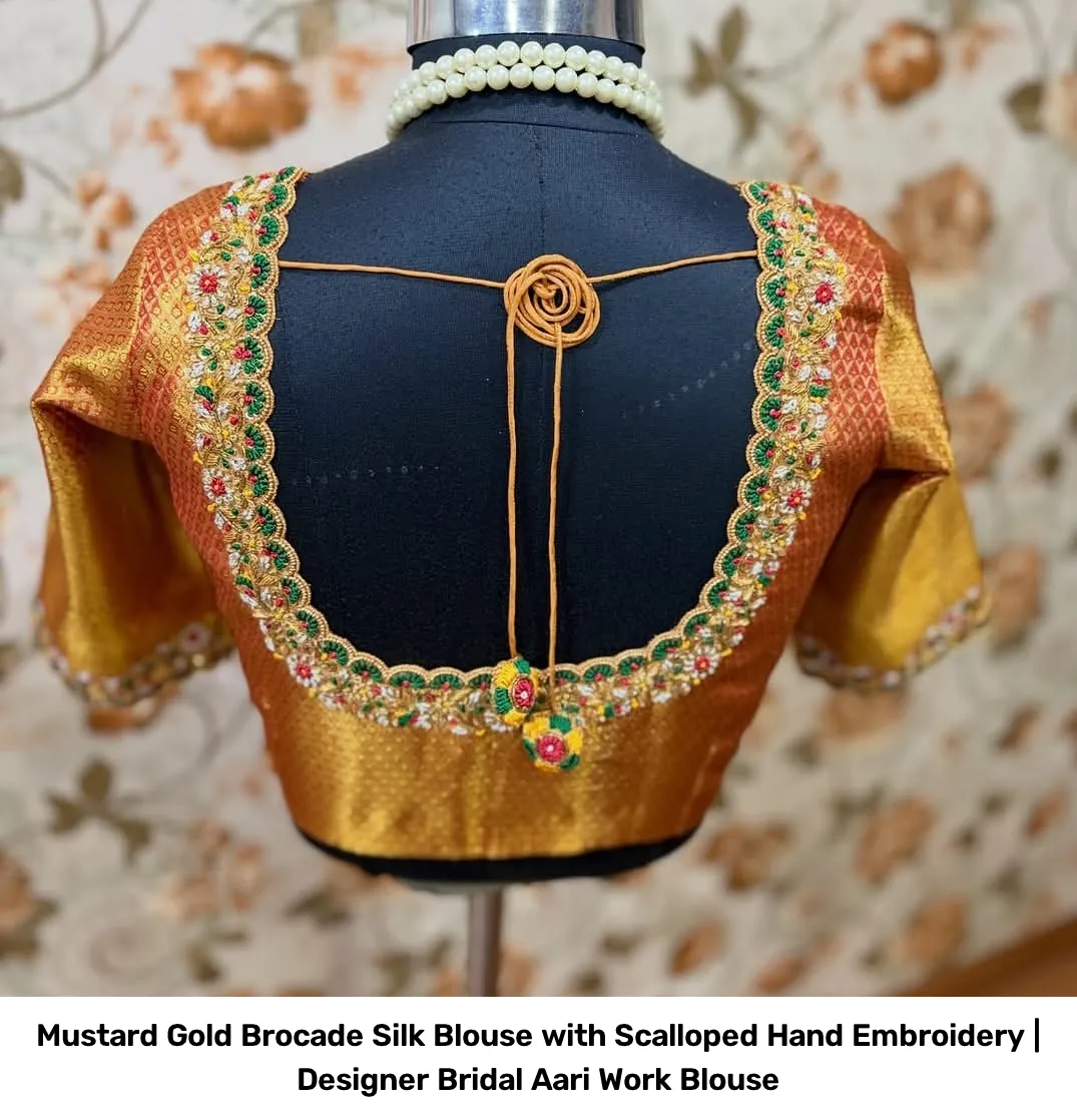 Mustard Gold Brocade Silk Blouse with Scalloped Hand Embroidery | Designer Bridal Aari Work Blouse 2