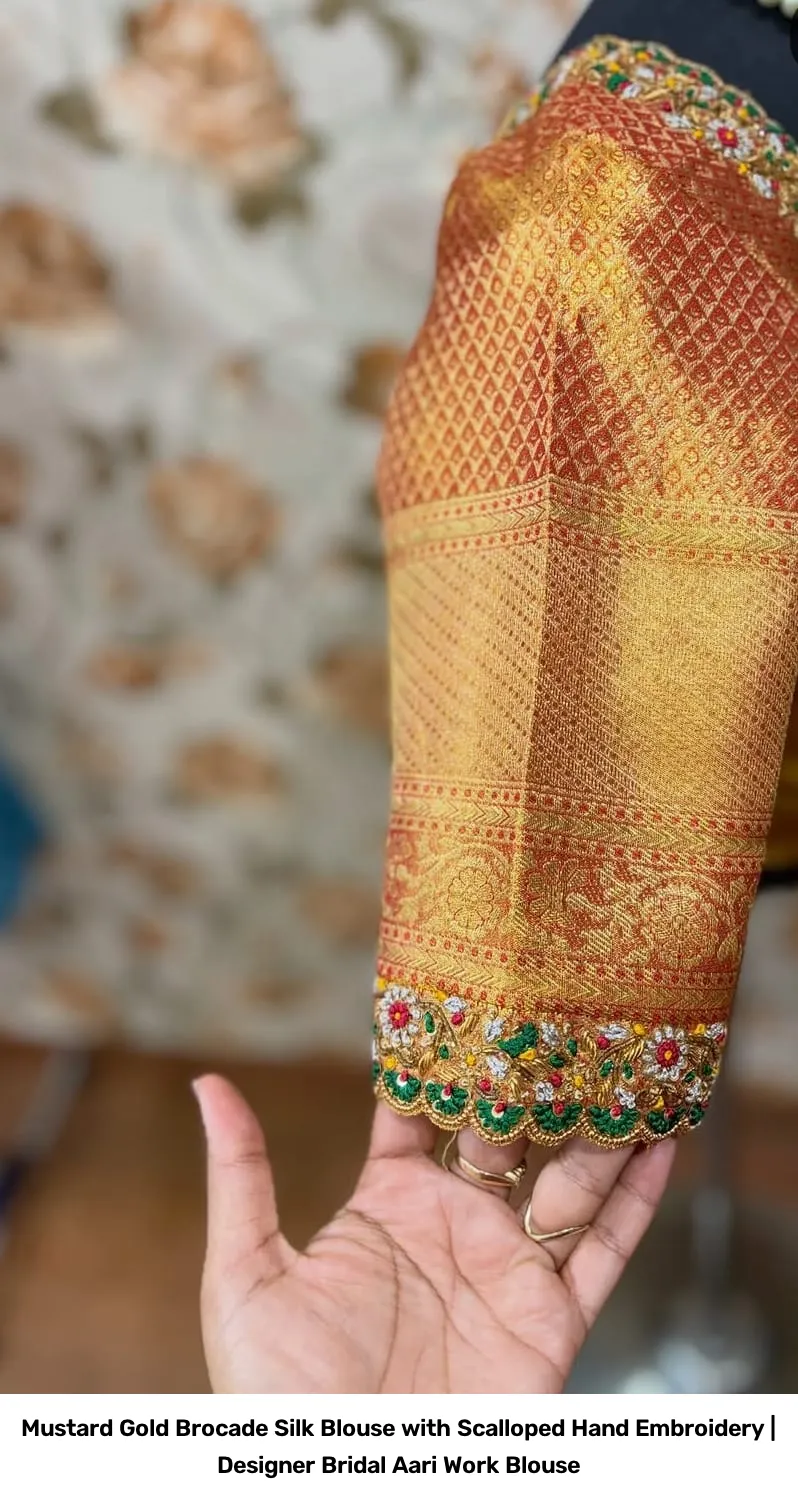 Mustard Gold Brocade Silk Blouse with Scalloped Hand Embroidery | Designer Bridal Aari Work Blouse 3