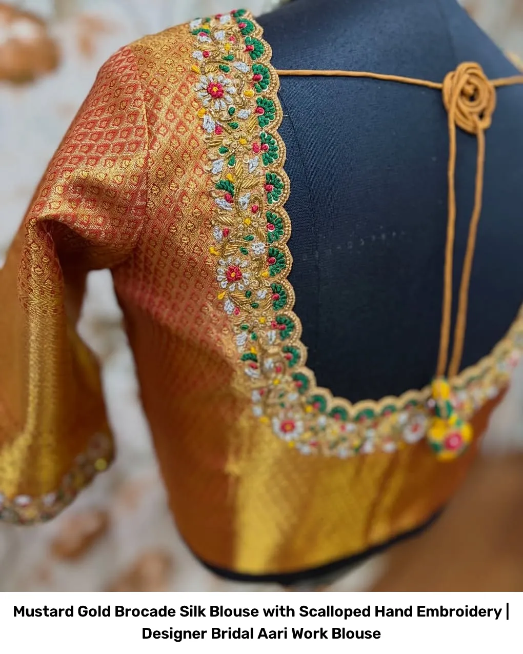 Mustard Gold Brocade Silk Blouse with Scalloped Hand Embroidery | Designer Bridal Aari Work Blouse 4