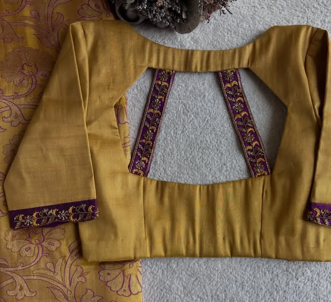 Mustard Gold Raw Silk Saree Blouse | Designer Cutout Back Neck Blouse with Contrast Purple Zari Border