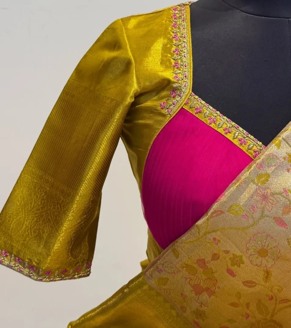 Mustard & Pink Pleated Bustier Maggam Work Blouse