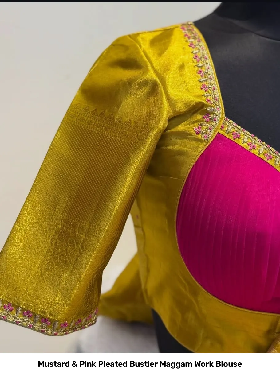 Mustard & Pink Pleated Bustier Maggam Work Blouse 2