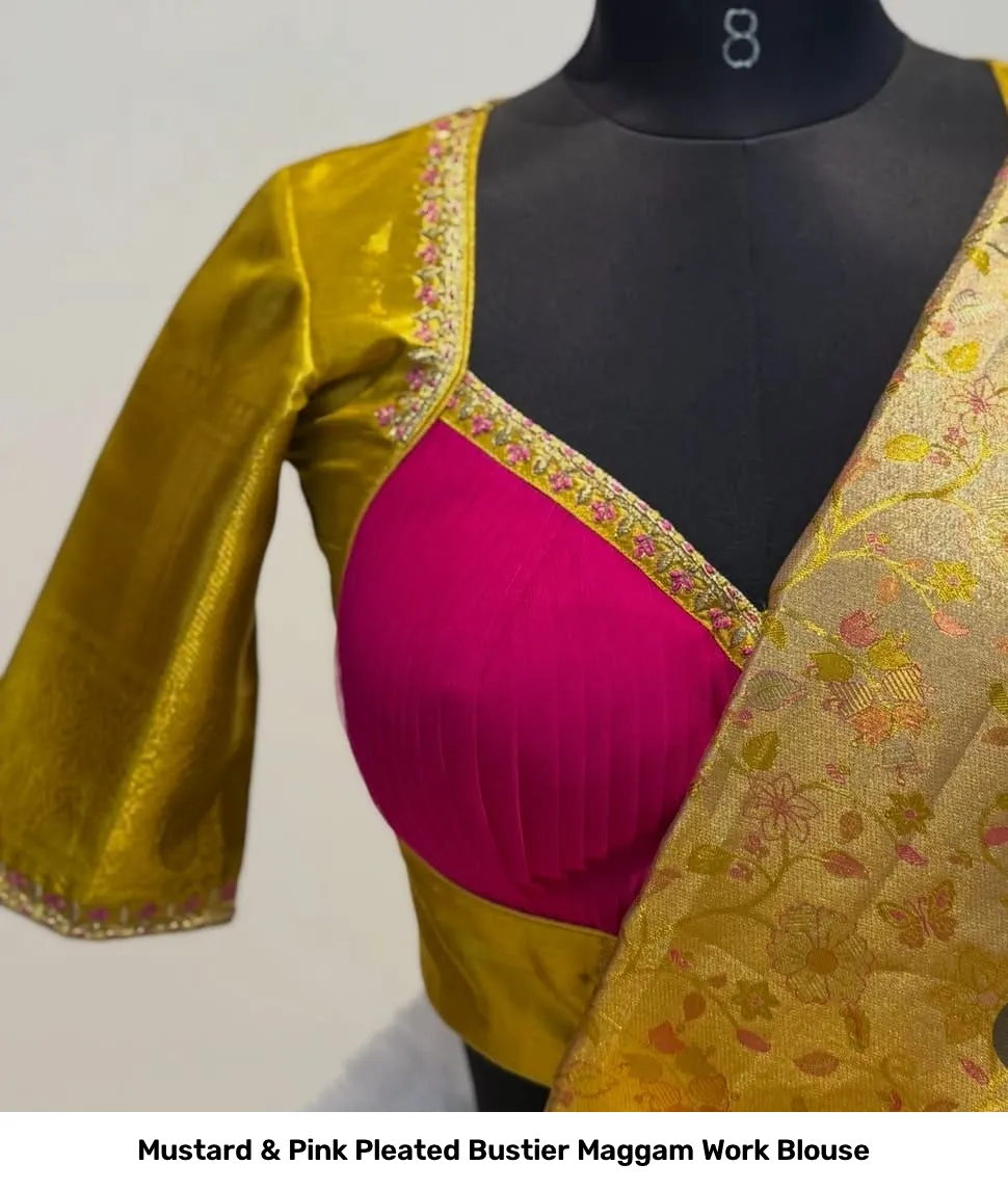 Mustard & Pink Pleated Bustier Maggam Work Blouse 3