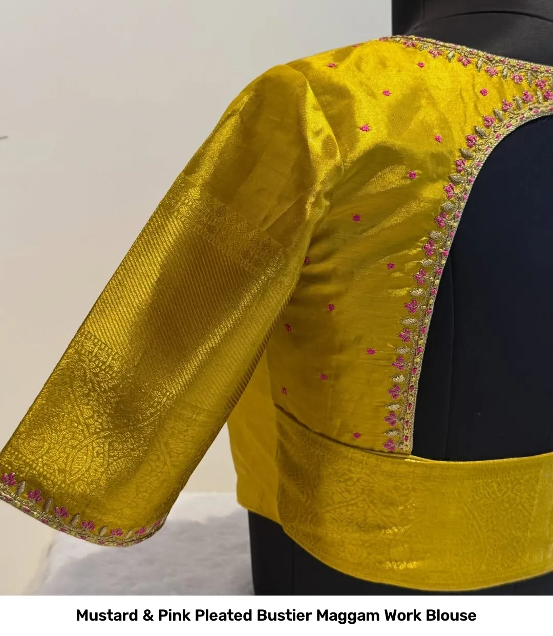Mustard & Pink Pleated Bustier Maggam Work Blouse 4