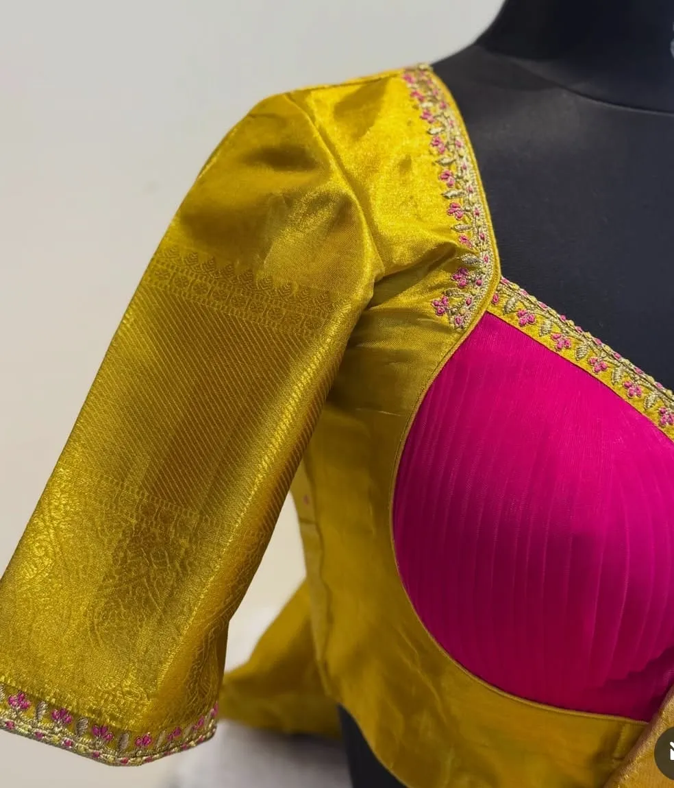 Mustard Silk Blouse with Pink Maggam Work