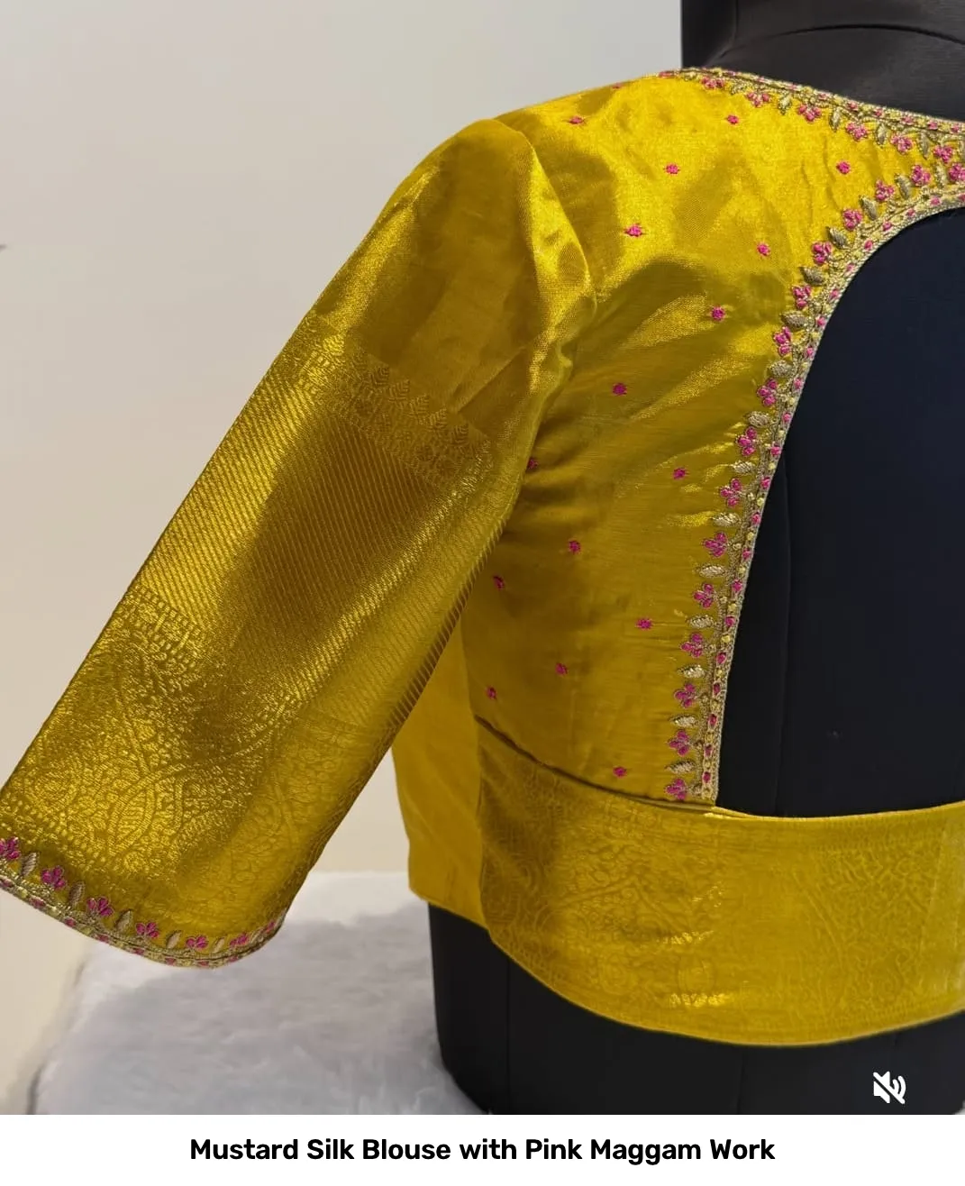 Mustard Silk Blouse with Pink Maggam Work 2