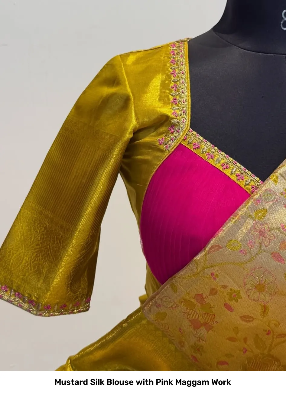 Mustard Silk Blouse with Pink Maggam Work 3