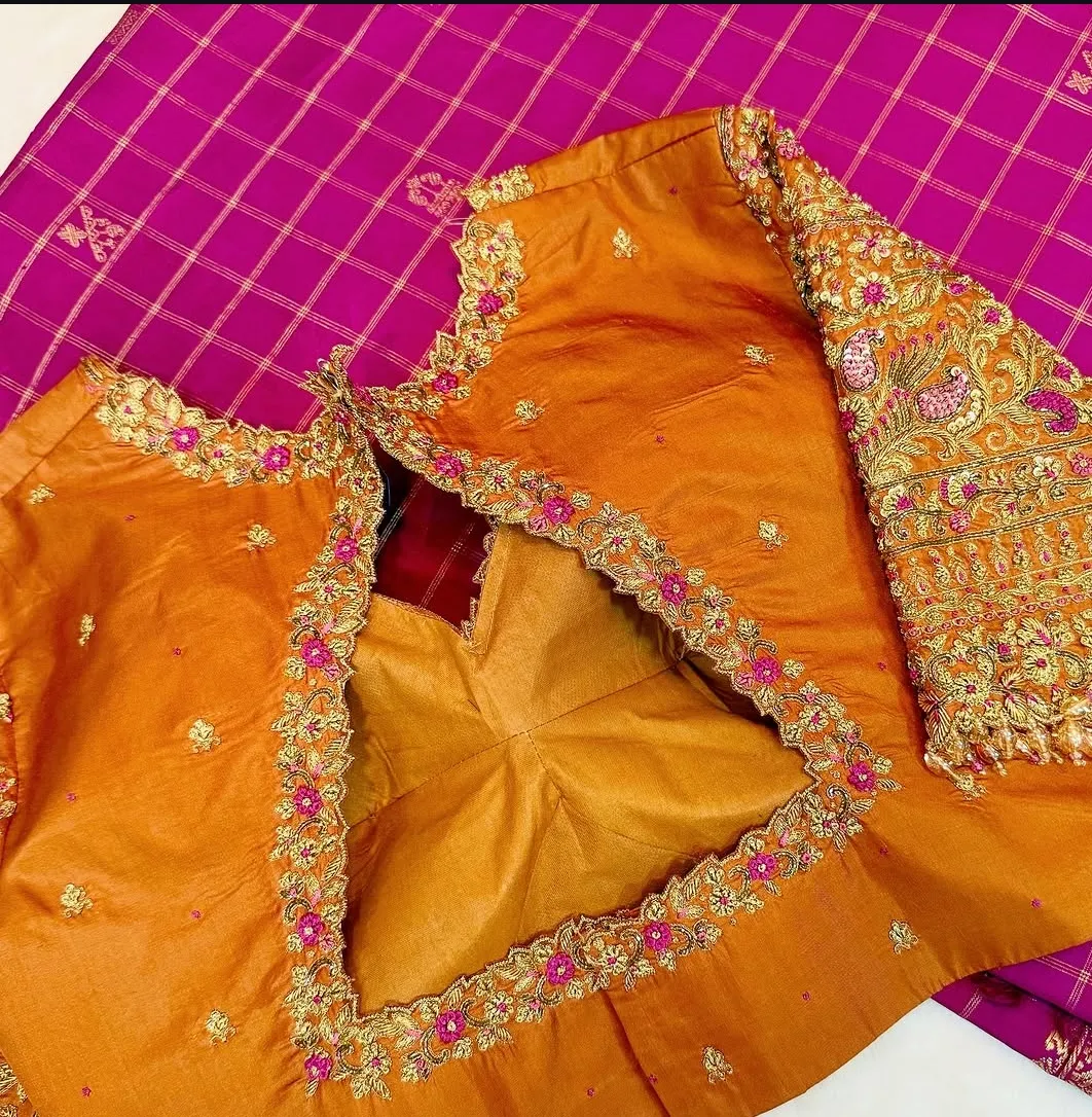 Mustard Silk Maggam Work Blouse with Heavy Zardozi Elbow Sleeves