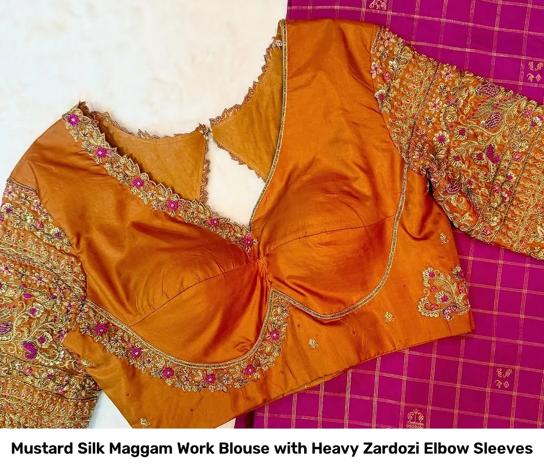 Mustard Silk Maggam Work Blouse with Heavy Zardozi Elbow Sleeves 2