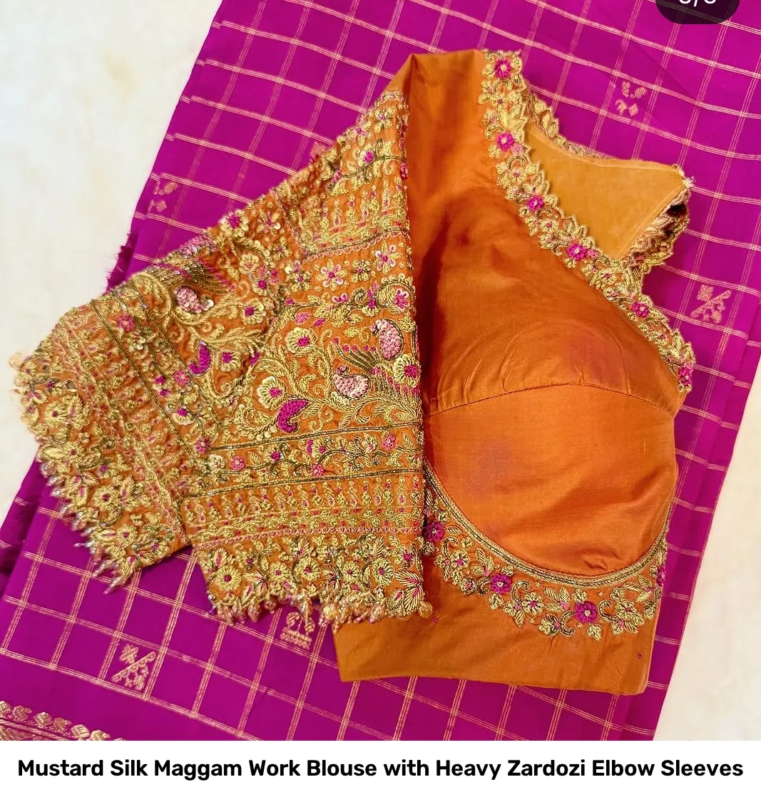 Mustard Silk Maggam Work Blouse with Heavy Zardozi Elbow Sleeves 3
