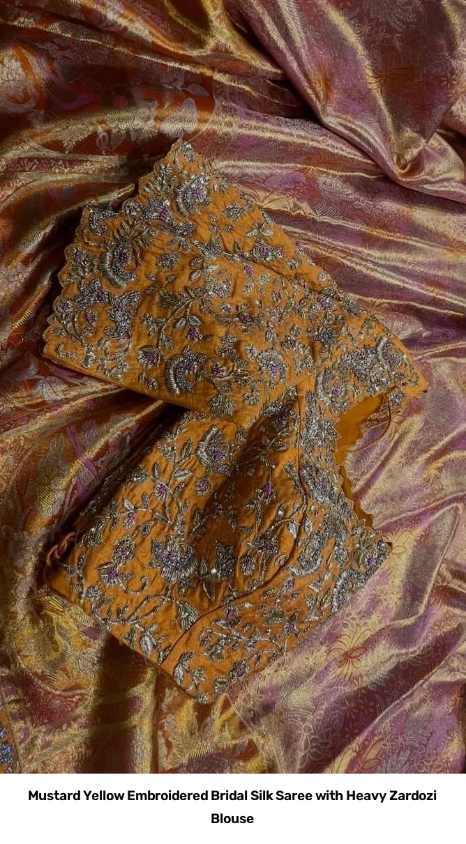 Mustard Yellow Embroidered Bridal Silk Saree with Heavy Zardozi Blouse 2