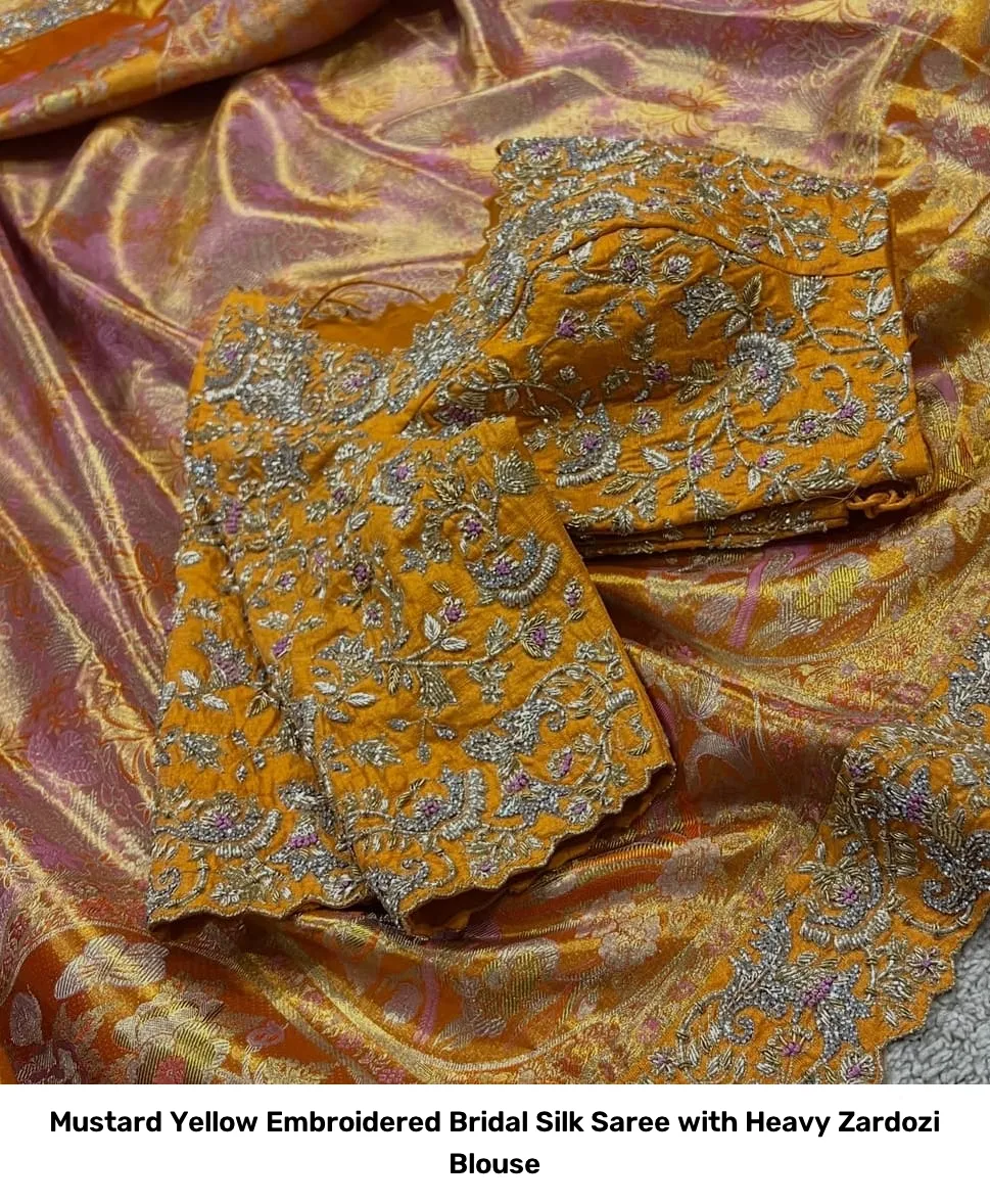 Mustard Yellow Embroidered Bridal Silk Saree with Heavy Zardozi Blouse 3