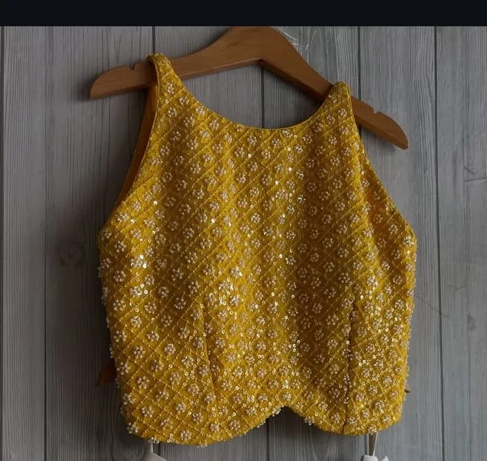 Mustard Yellow Halter Neck Pearl & Sequin Work Blouse