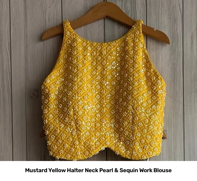 Mustard Yellow Halter Neck Pearl & Sequin Work Blouse 2