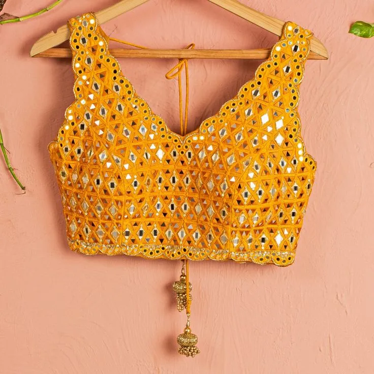 Mustard Yellow Mirror Work Blouse | Sleeveless Scalloped Cutwork V-Neck Saree & Lehenga Blouse