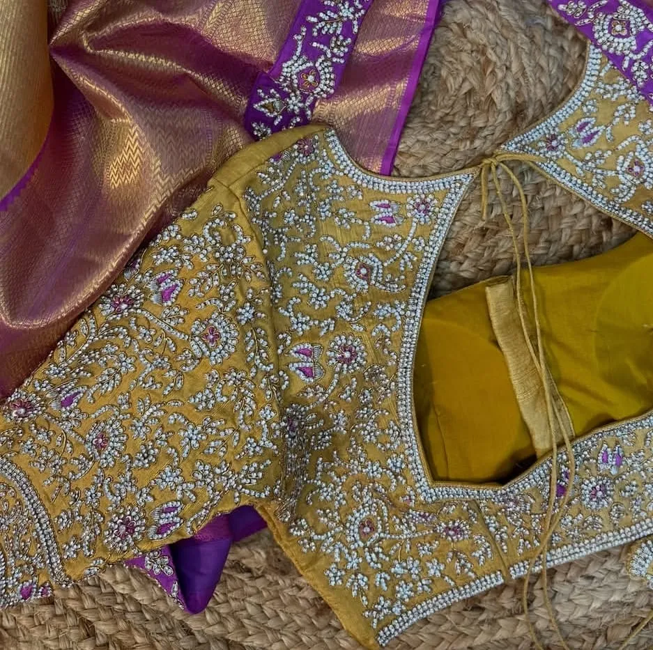 Mustard Yellow Pearl Maggam Work Bridal Blouse | Wholesale Price