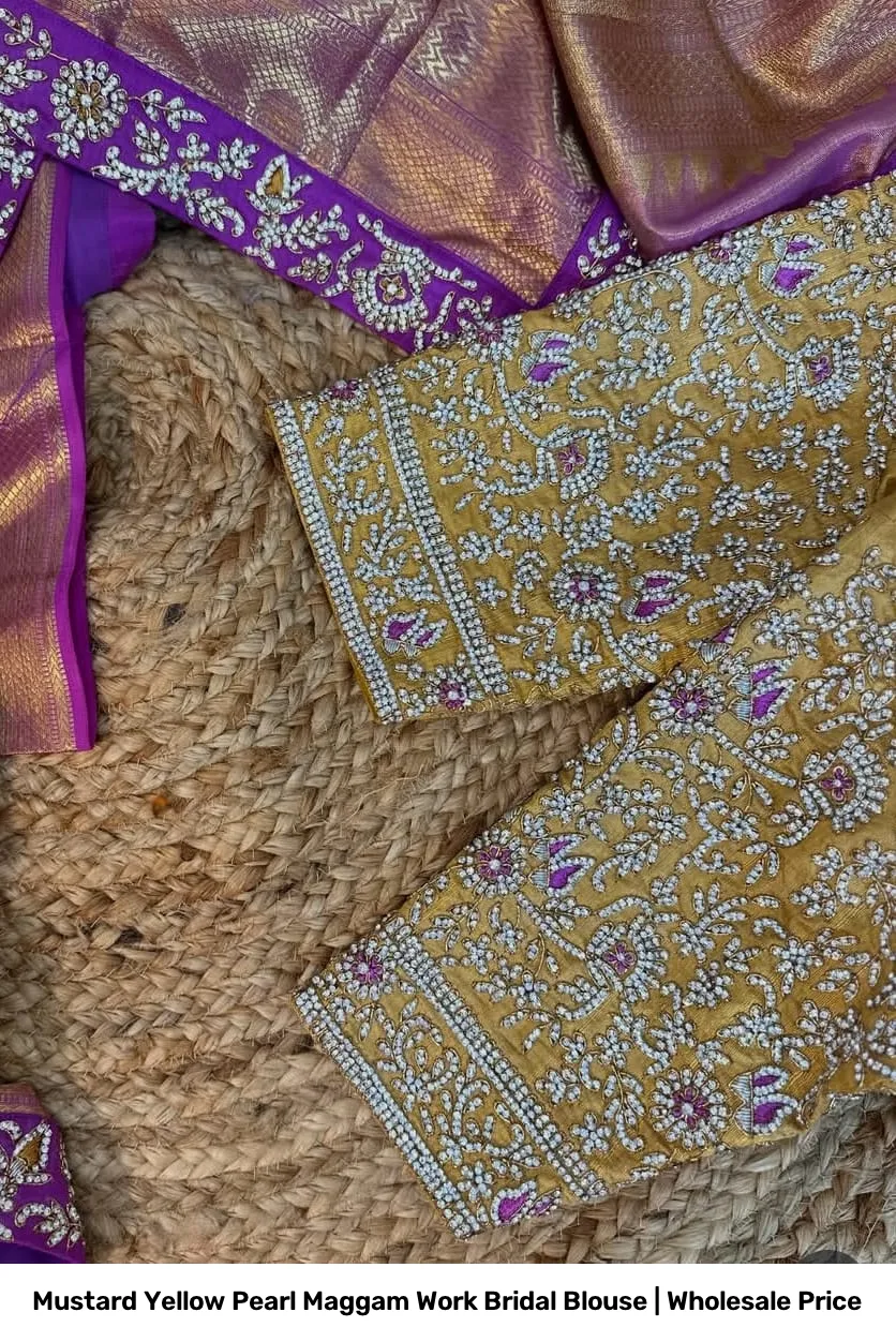 Mustard Yellow Pearl Maggam Work Bridal Blouse | Wholesale Price 2