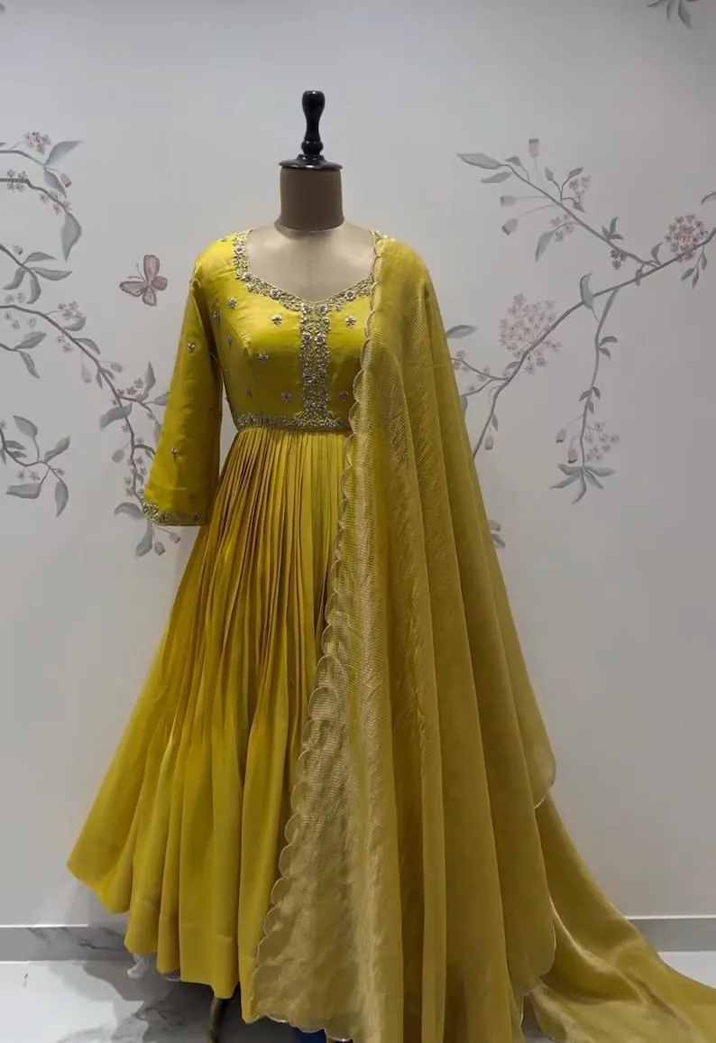Mustard Yellow Pleated Silk Anarkali Gown with Handcrafted Zardozi Yoke & Scallop Dupatta | Haldi & Festive Party Wear