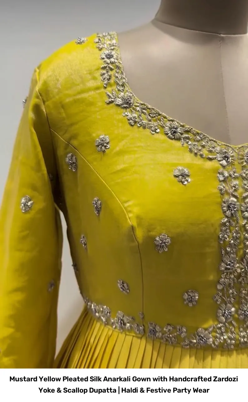 Mustard Yellow Pleated Silk Anarkali Gown with Handcrafted Zardozi Yoke & Scallop Dupatta | Haldi & Festive Party Wear 2