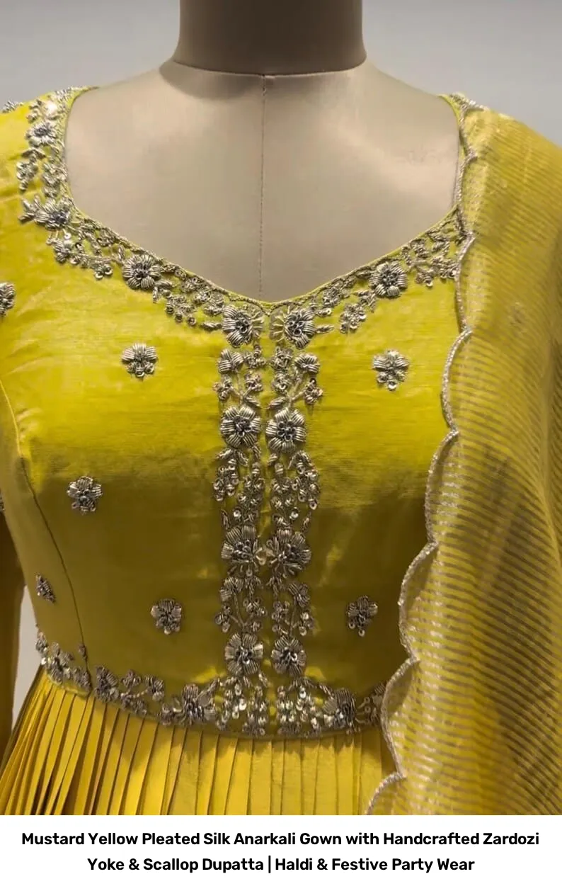 Mustard Yellow Pleated Silk Anarkali Gown with Handcrafted Zardozi Yoke & Scallop Dupatta | Haldi & Festive Party Wear 3
