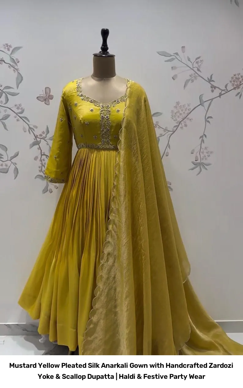 Mustard Yellow Pleated Silk Anarkali Gown with Handcrafted Zardozi Yoke & Scallop Dupatta | Haldi & Festive Party Wear 4