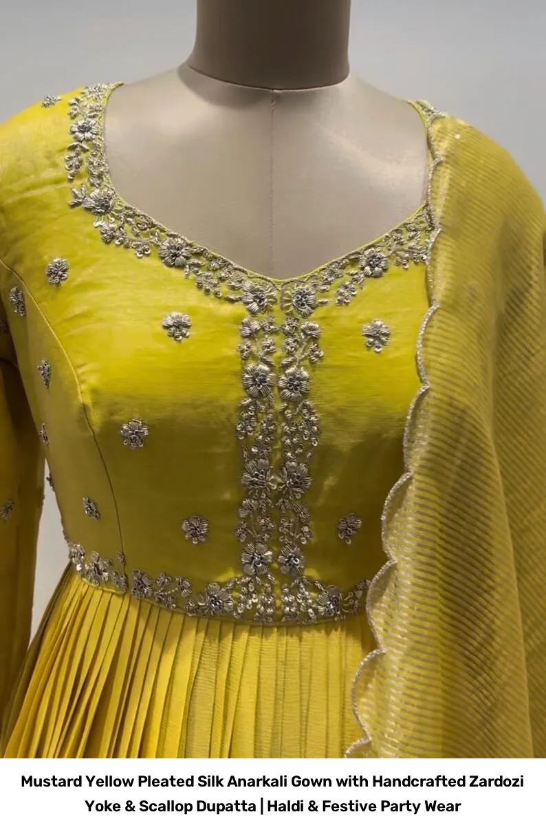 Mustard Yellow Pleated Silk Anarkali Gown with Handcrafted Zardozi Yoke & Scallop Dupatta | Haldi & Festive Party Wear 5