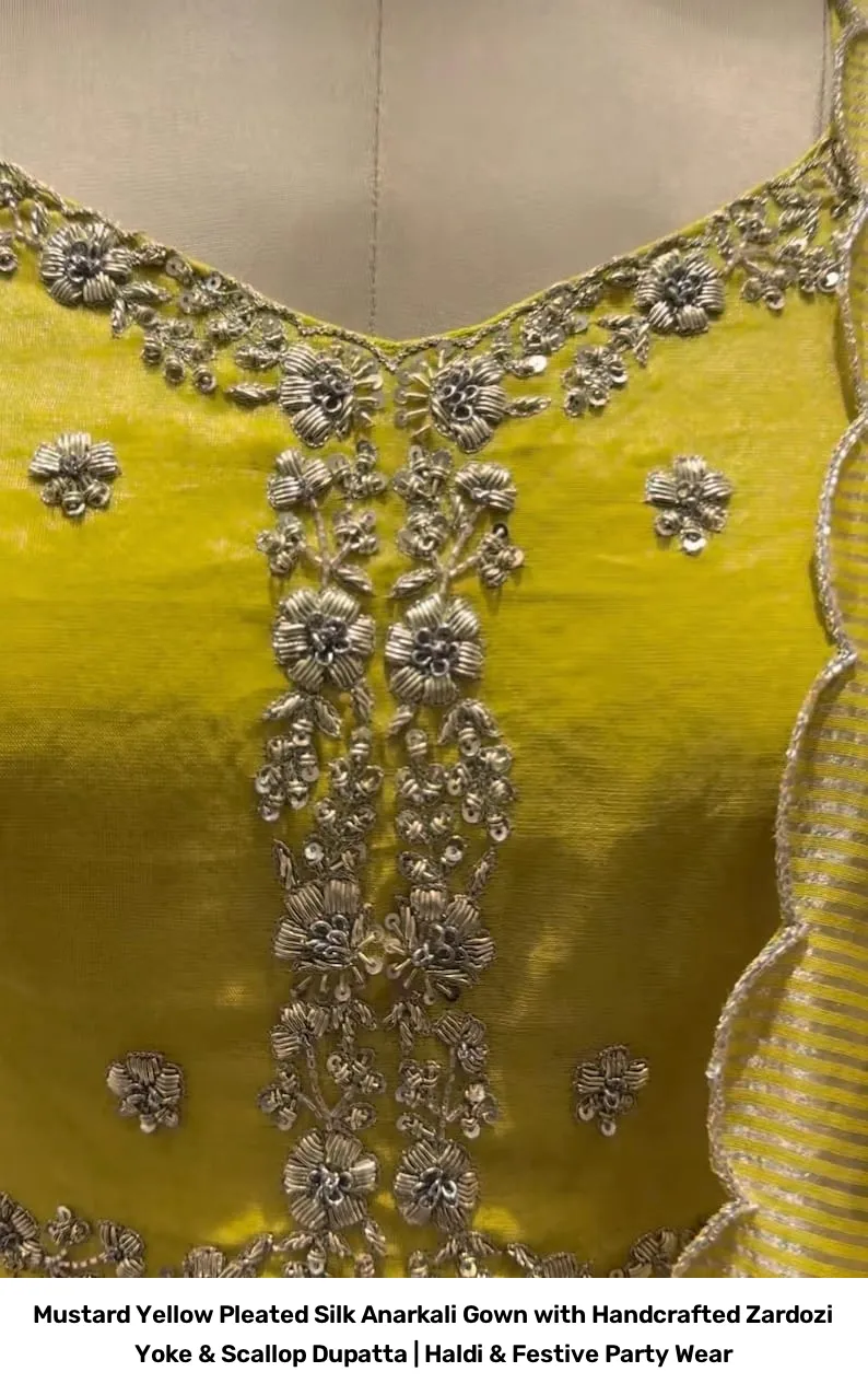 Mustard Yellow Pleated Silk Anarkali Gown with Handcrafted Zardozi Yoke & Scallop Dupatta | Haldi & Festive Party Wear 6