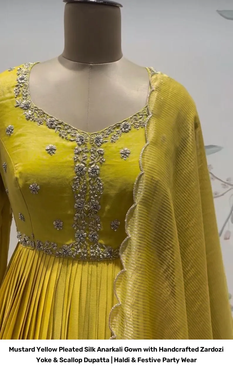 Mustard Yellow Pleated Silk Anarkali Gown with Handcrafted Zardozi Yoke & Scallop Dupatta | Haldi & Festive Party Wear 7