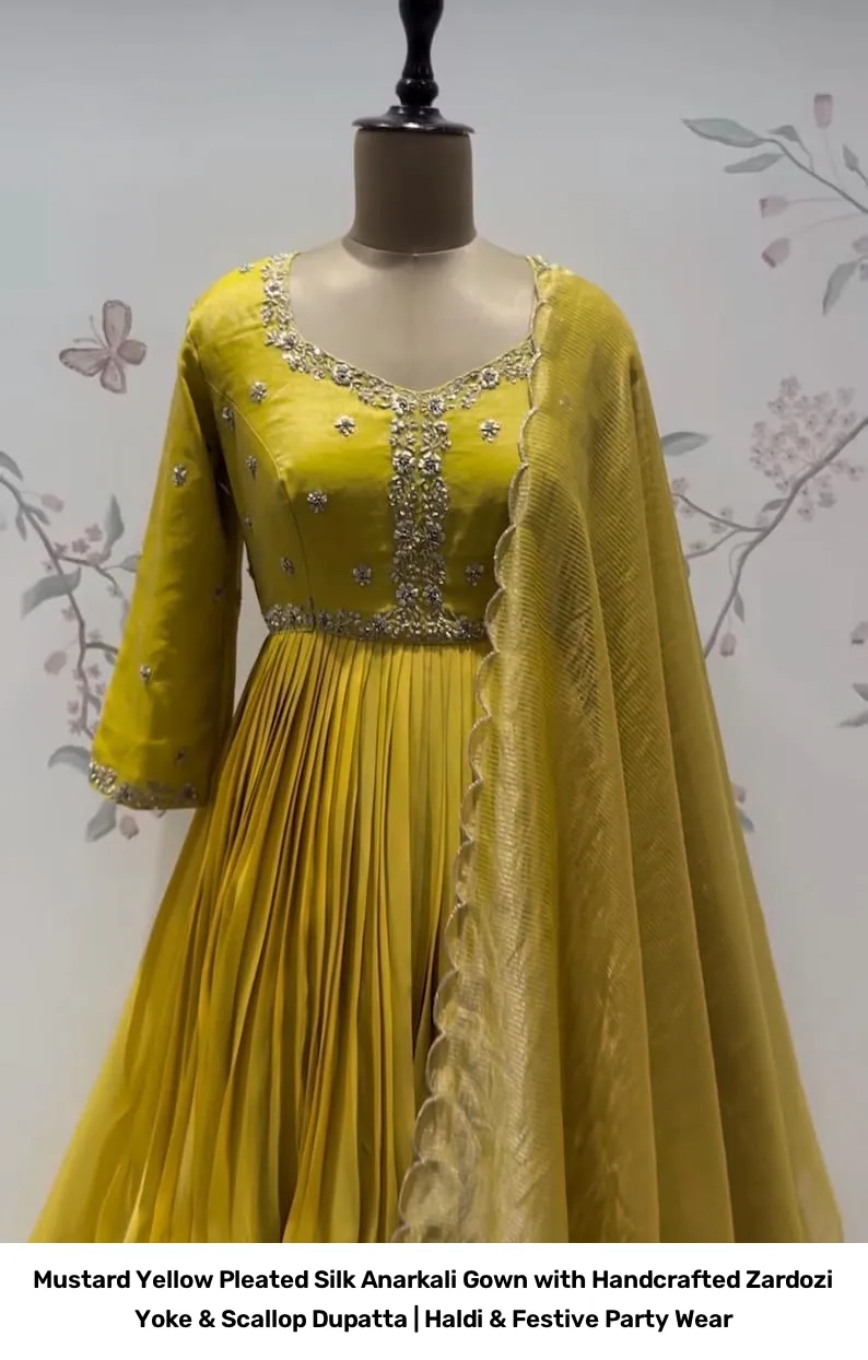 Mustard Yellow Pleated Silk Anarkali Gown with Handcrafted Zardozi Yoke & Scallop Dupatta | Haldi & Festive Party Wear 8