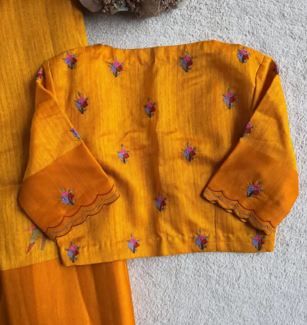 Mustard Yellow Raw Silk Boat Neck Blouse | Floral Thread Work Embroidered Saree Blouse with Scallop Sleeves