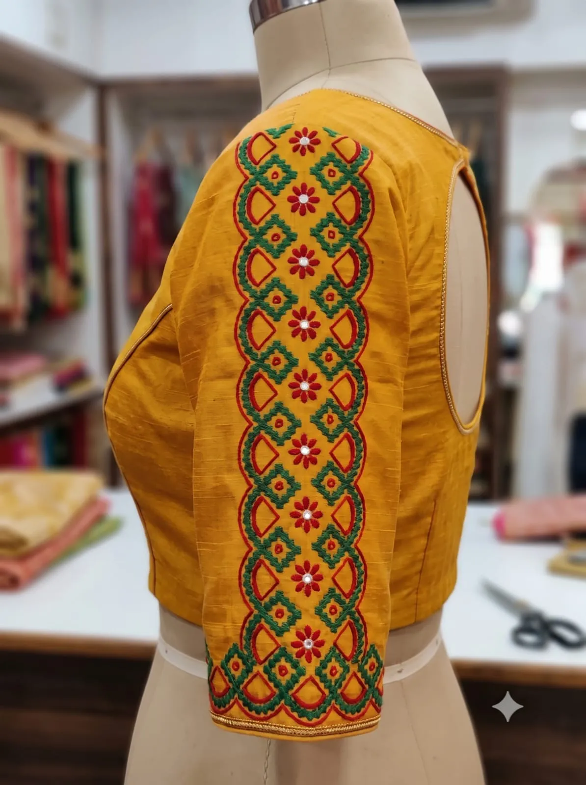 Mustard Yellow Raw Silk Kutch Work Blouse | Handcrafted Mirror Embroidery Saree Blouse with Dori Back